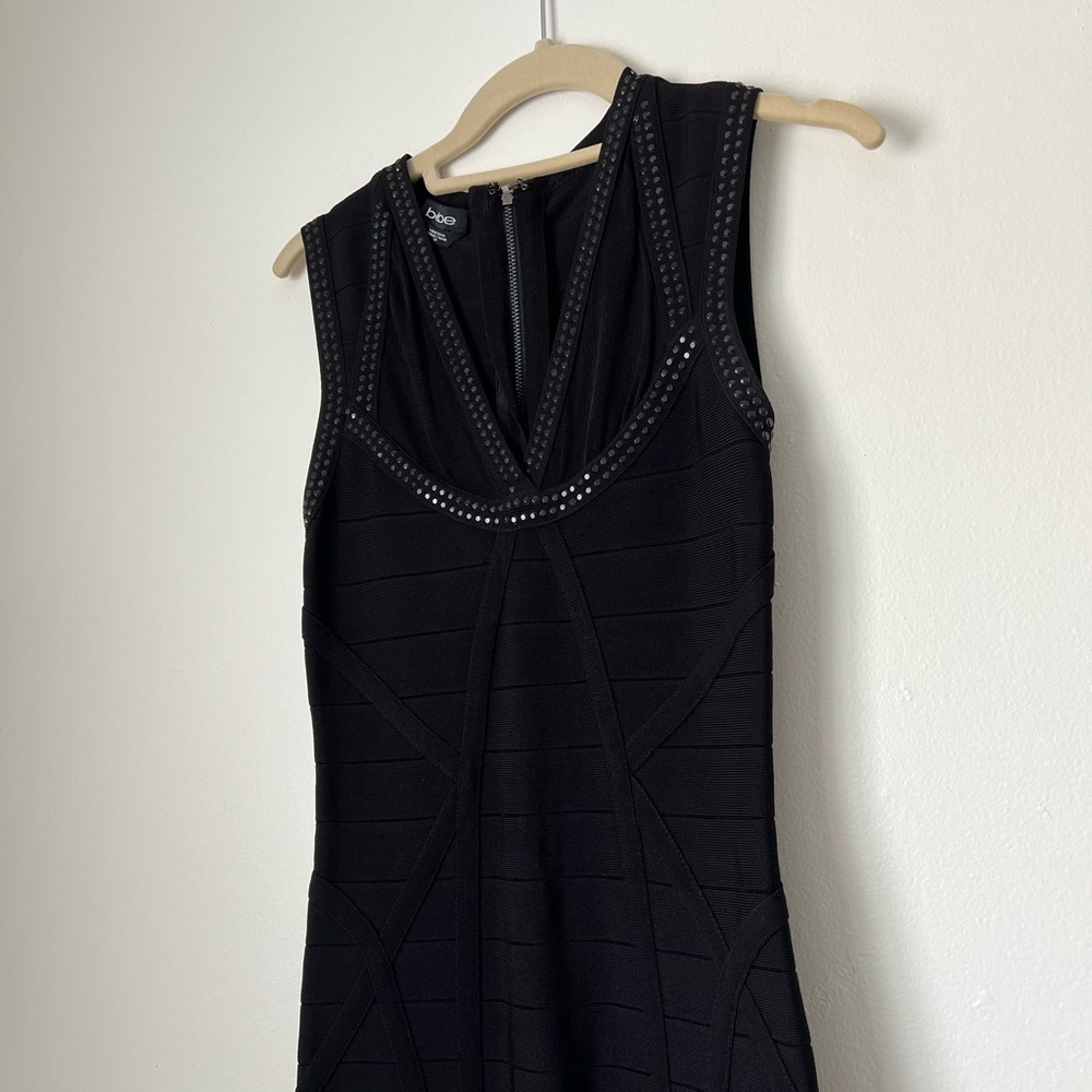 Bebe black bodycon bandage mini dress w mesh detail and metallic studs | size S